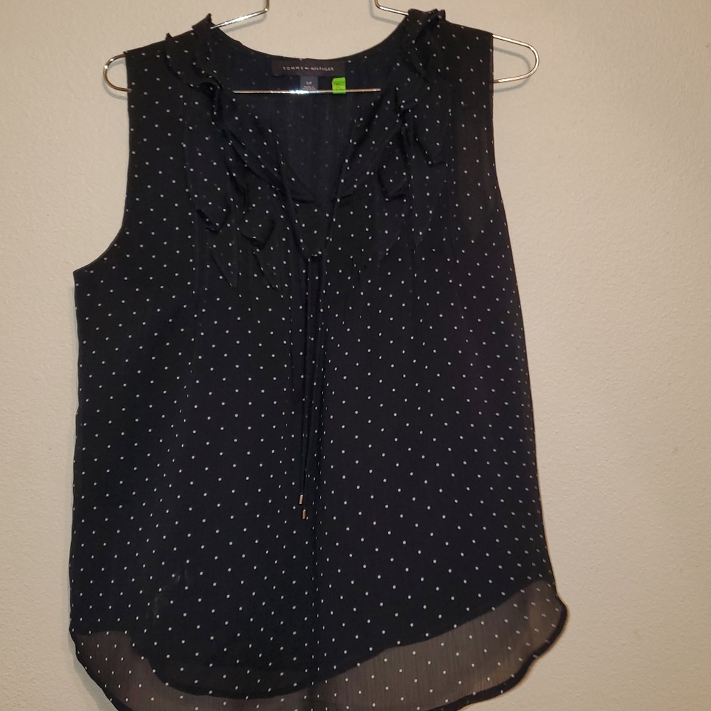 SP Tommy Navy Blue Tommy Hilfiger Sleeveless V-Neck Front Ruffled Blouse Small